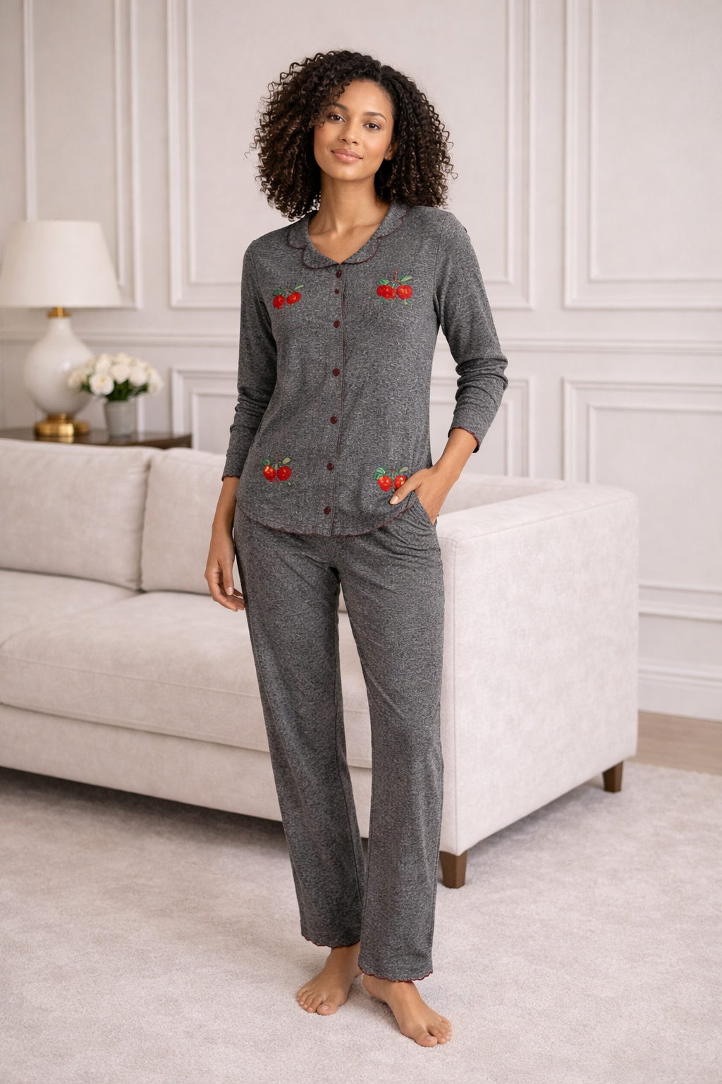 Elegant Cherry Embroidered Women’s Pajama